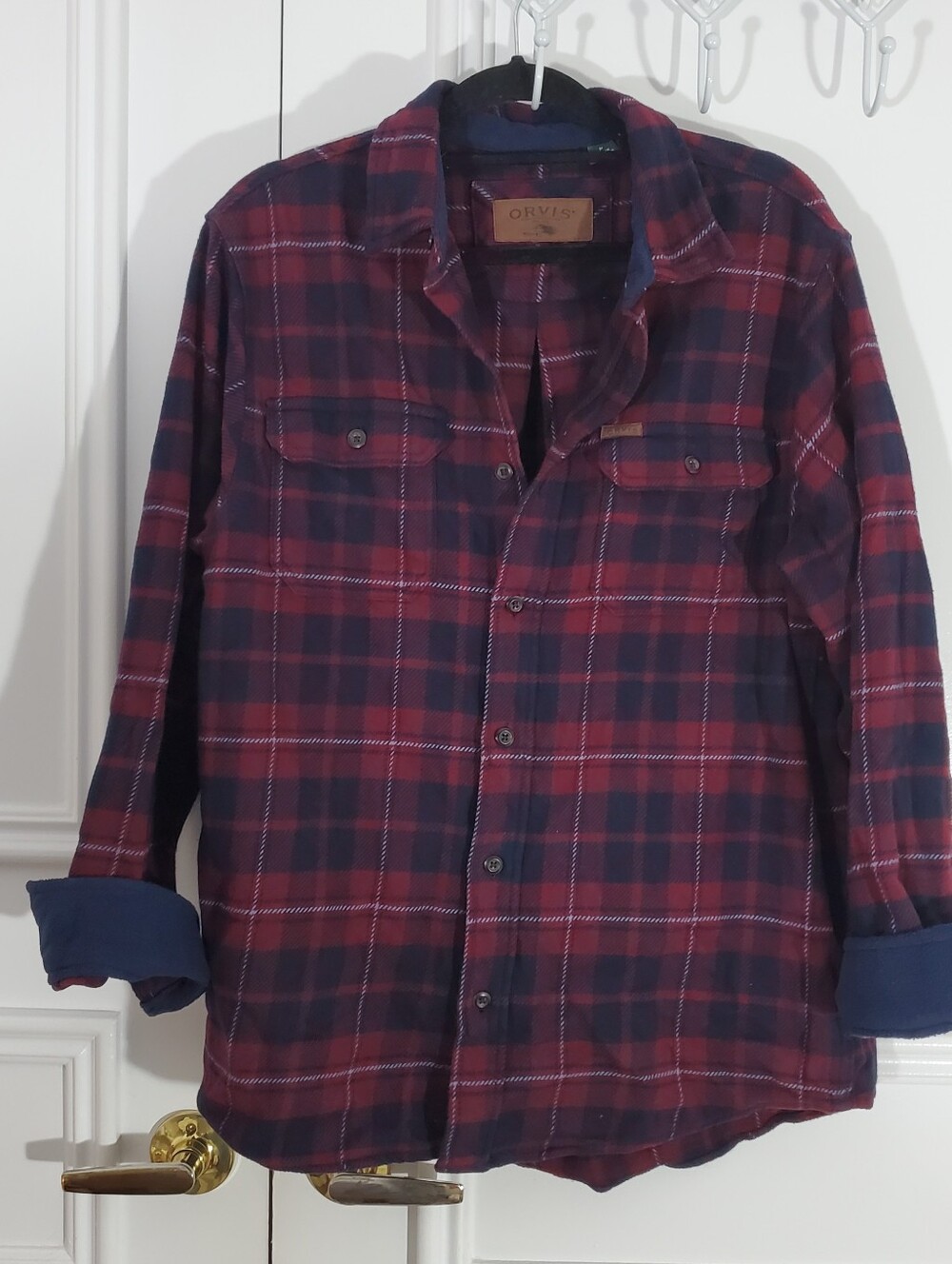 New ORVIS Thick Burgundy + Blue Premium Plaid Flannel Over Shirt